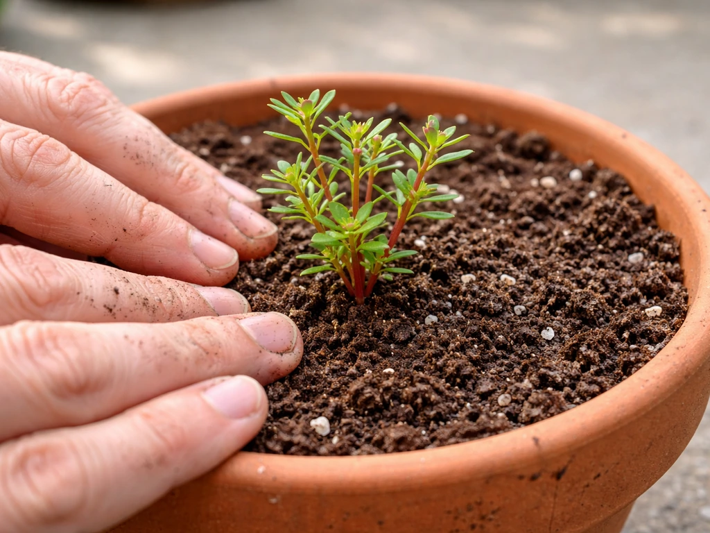 Hands placing a portulaca seedling into a pot with proper potting mix