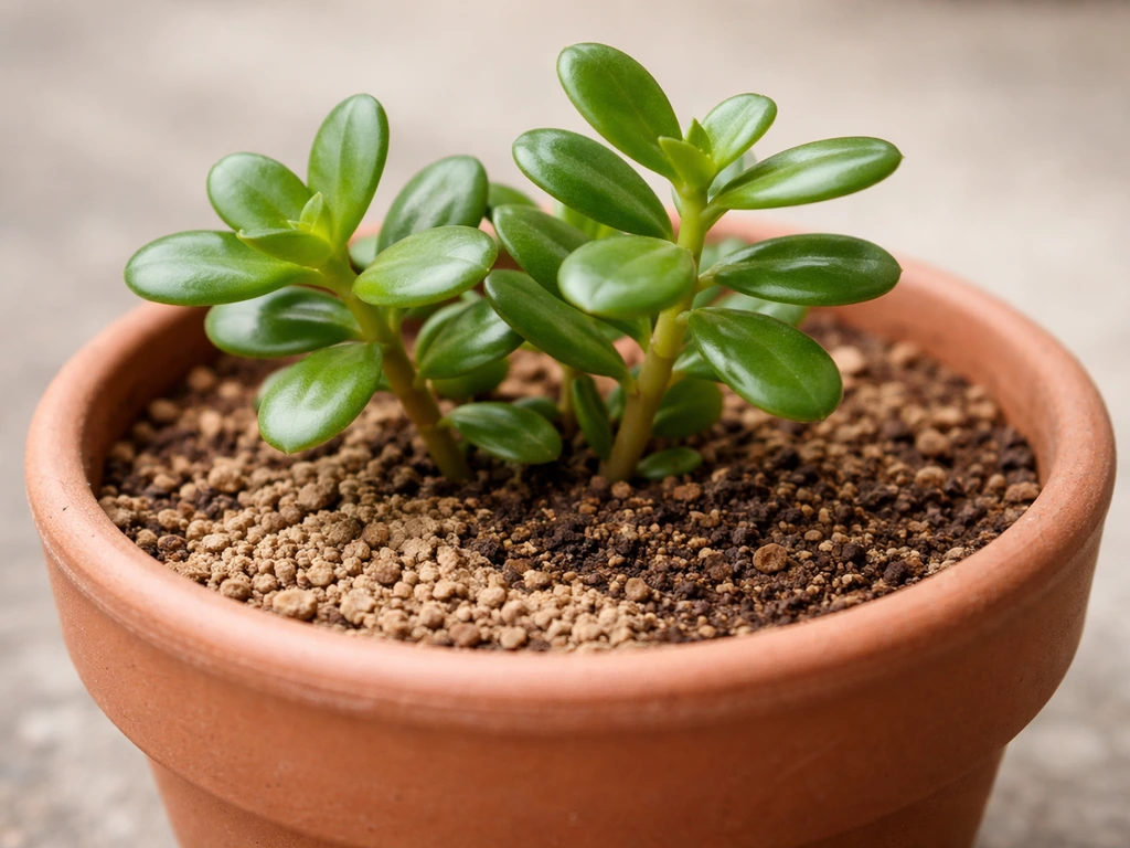 Close-up of succulent portulaca in pot with dry topsoil and slightly moist soil below.