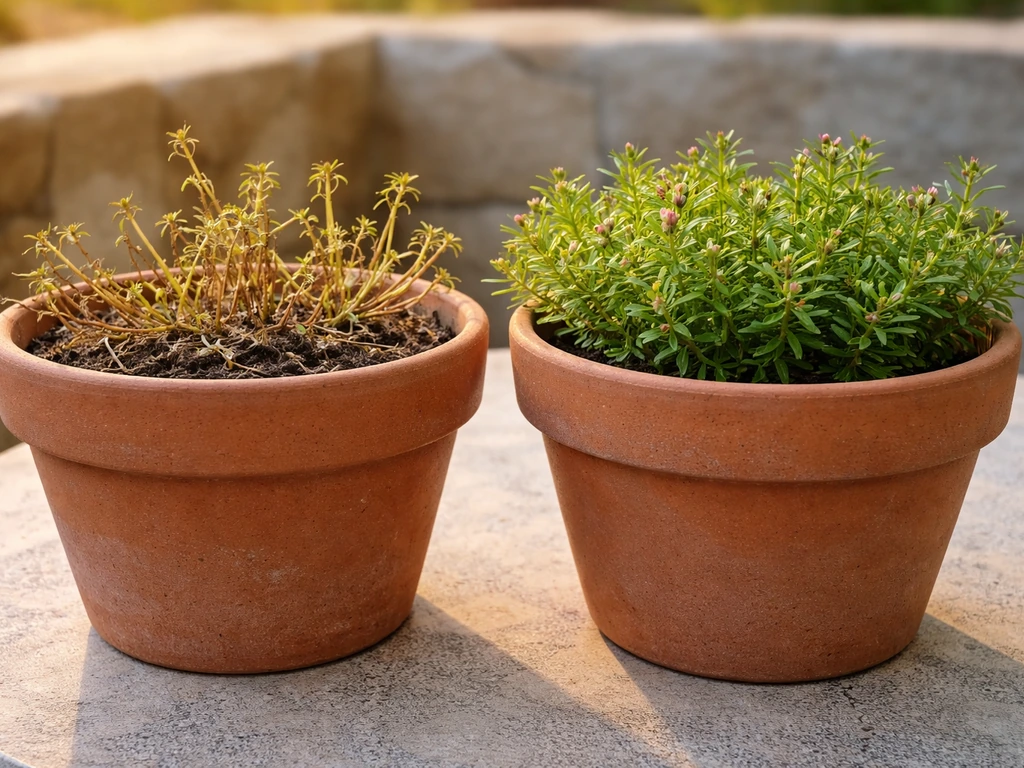 Potted portulaca with some yellowing stems and leaves beside healthier green growth in soft natural light.