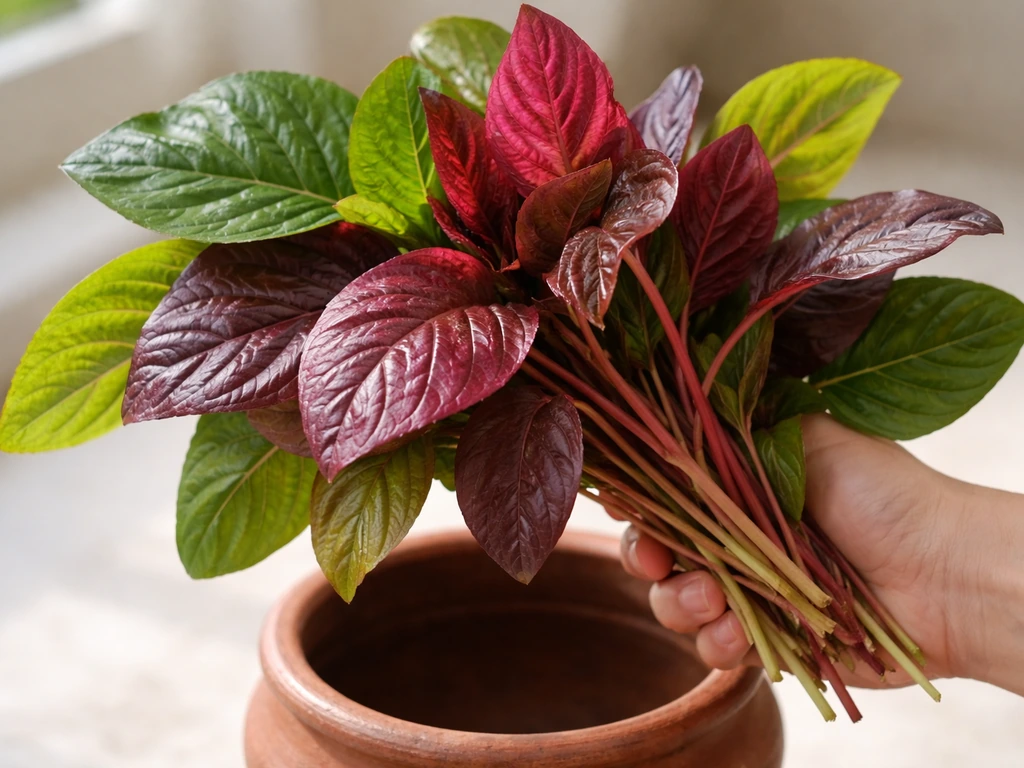 Thotakura leaves in green and burgundy-red beside an empty earthen pot, showing natural leaf variety.