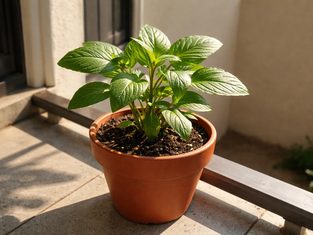 Potted Thotakura on a south/west-facing balcony in strong direct sunlight with crisp shadows.