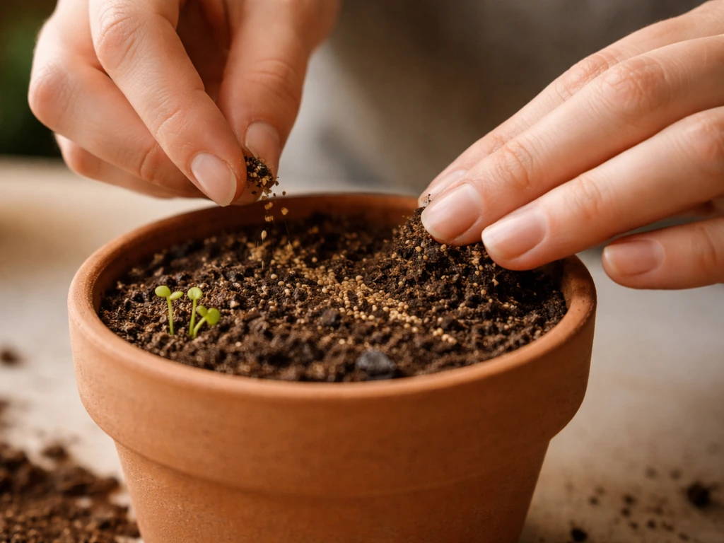 Hands sow tiny seeds in a moist pot, with a couple small sprouts just beginning to emerge.