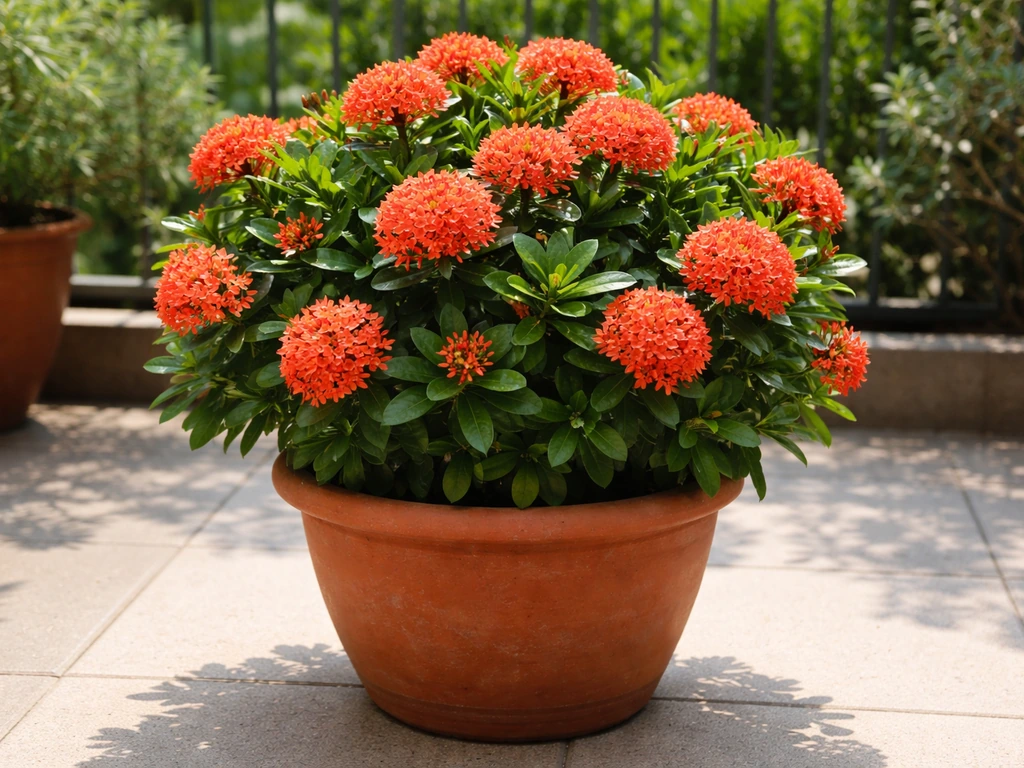 Dense bright ixora blooms in a terracotta pot on a sunny balcony patio.