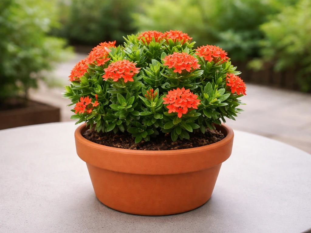 Small dwarf ixora in a 10–12 inch pot on a patio table, showing the right container size