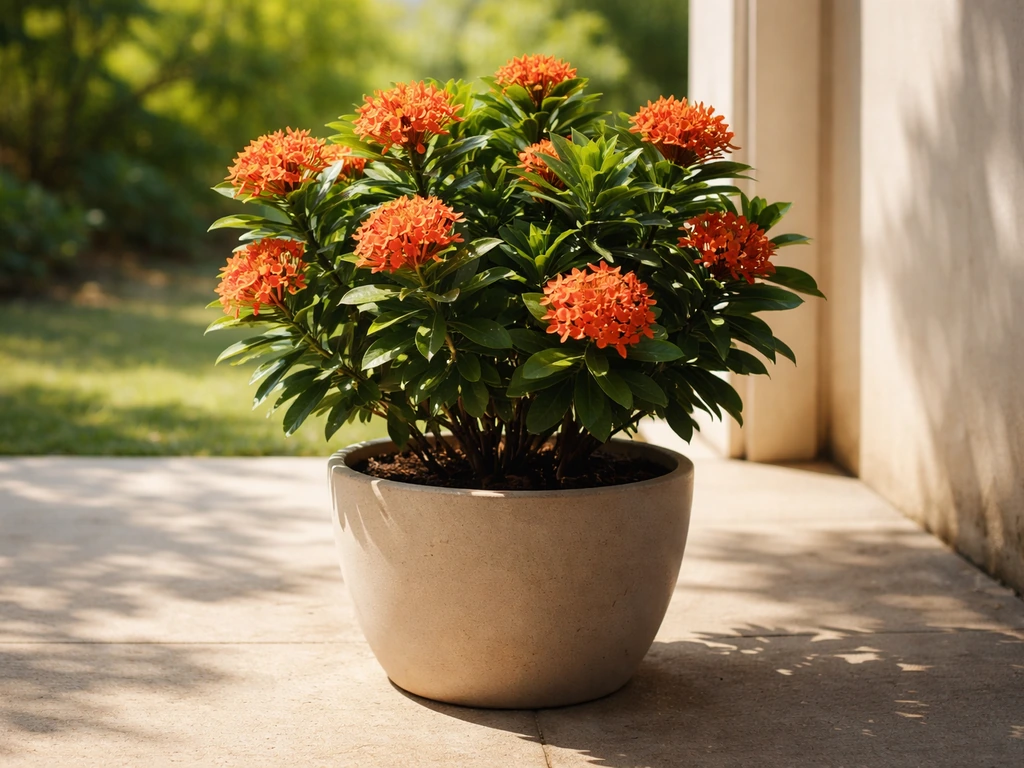 Ixora pot on a patio with one side in direct sunlight and the other in shade, showing sun exposure contrast.