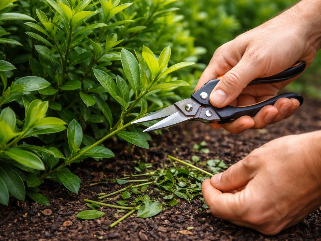 Close-up of pruning shears cutting an Ixora stem above a leaf node with garden clippings on mulch.