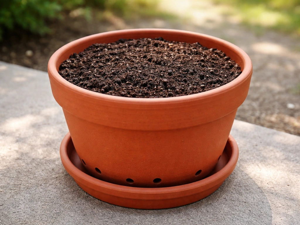 Deep pot with drainage holes and a matching saucer, placed outdoors for growing dhaniya in soil.