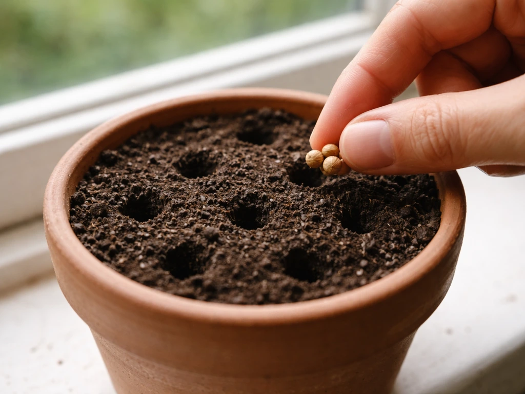 Anonymous hand lightly covers two coriander seeds in a pot of soil for direct sowing.
