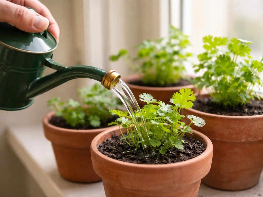 Diluted liquid fertilizer poured around healthy dhaniya seedlings in small pots, showing lush leafy regrowth.