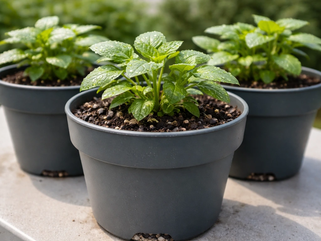Close-up of lush plants in sturdy plastic pots with visible soil and drainage setup.