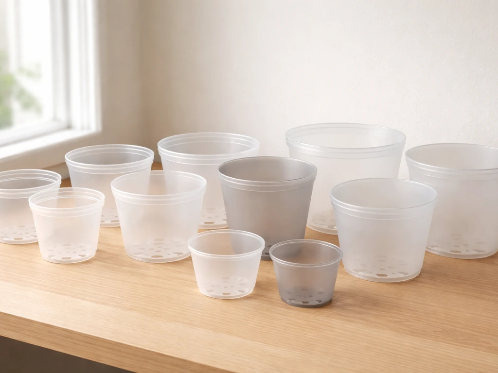 Assorted plastic plant pots in small and large sizes side-by-side on a simple surface