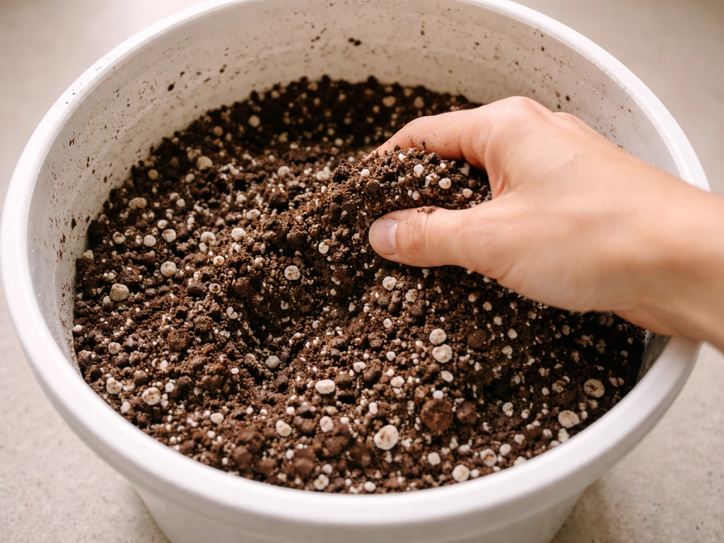 Close-up of potting mix and perlite being mixed in a plastic bucket for container plants