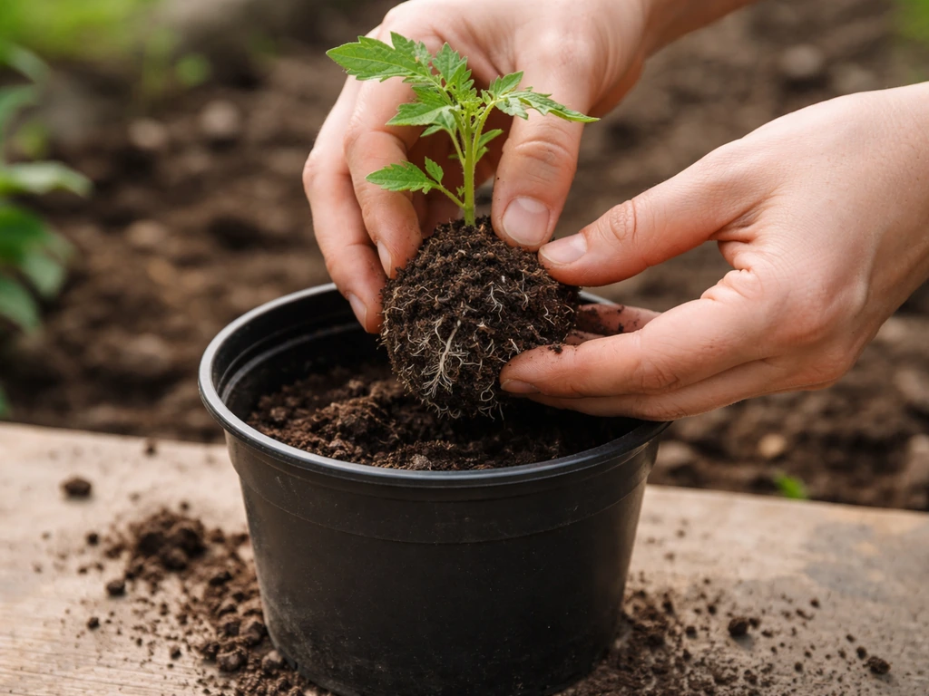 Hands lowering an intact seedling root ball into a plastic pot with moist potting mix.