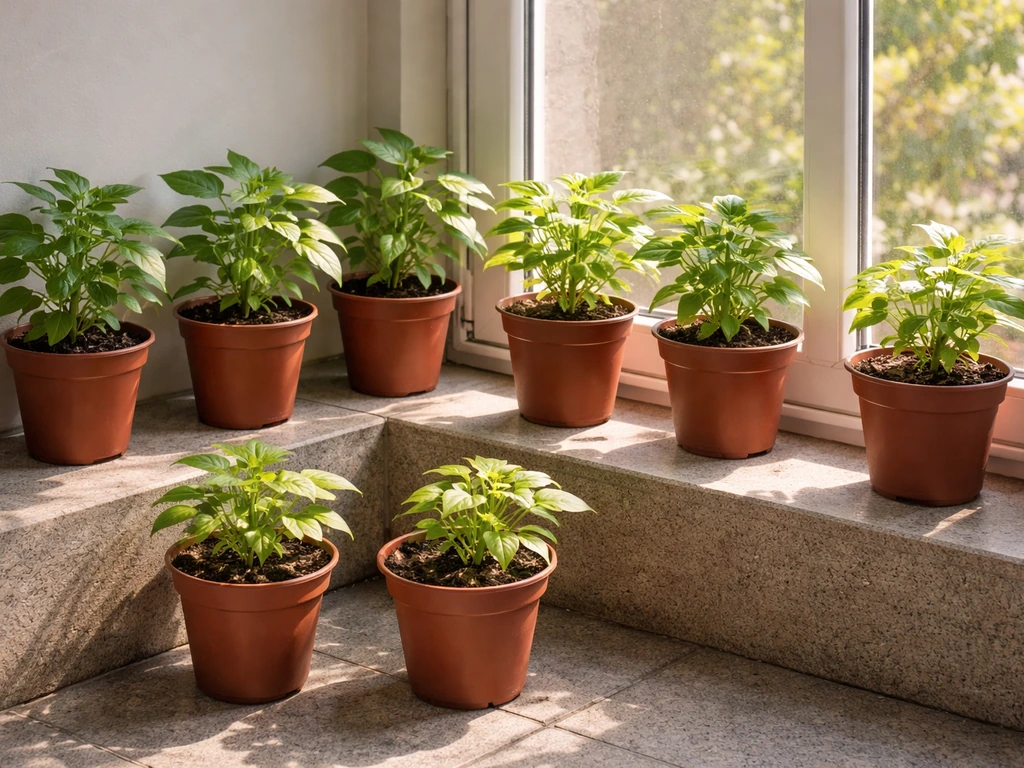 Plastic garden pots placed near a bright window with sunlight casting shadows to show light positioning.