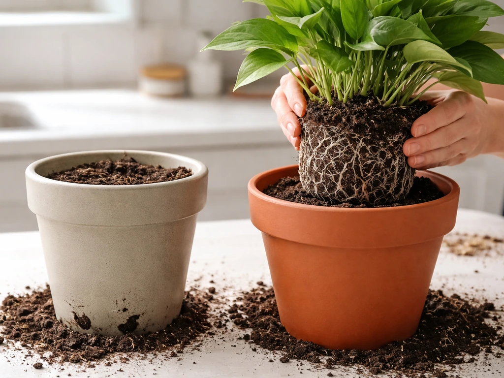 Close-up of root-bound plant roots in an old pot and a root ball placed into new potting mix.