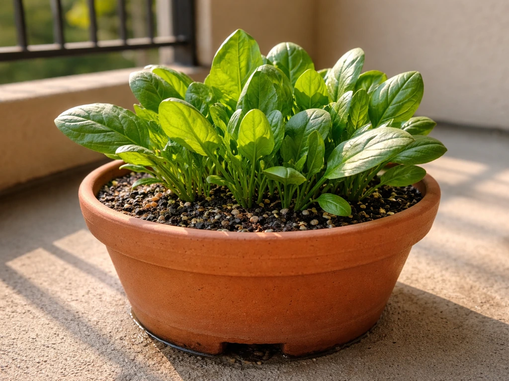Close-up of healthy palak growing in a terracotta pot on a balcony with visible potting mix texture and drainage.