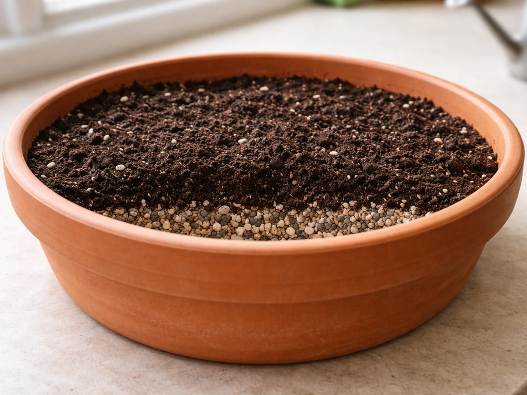 Shallow terracotta planter with drainage holes and prepared soil layers for growing palak.