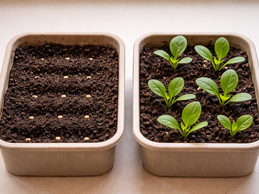 Two pots of palak showing just-planted seeds in one and young seedlings ready to space.