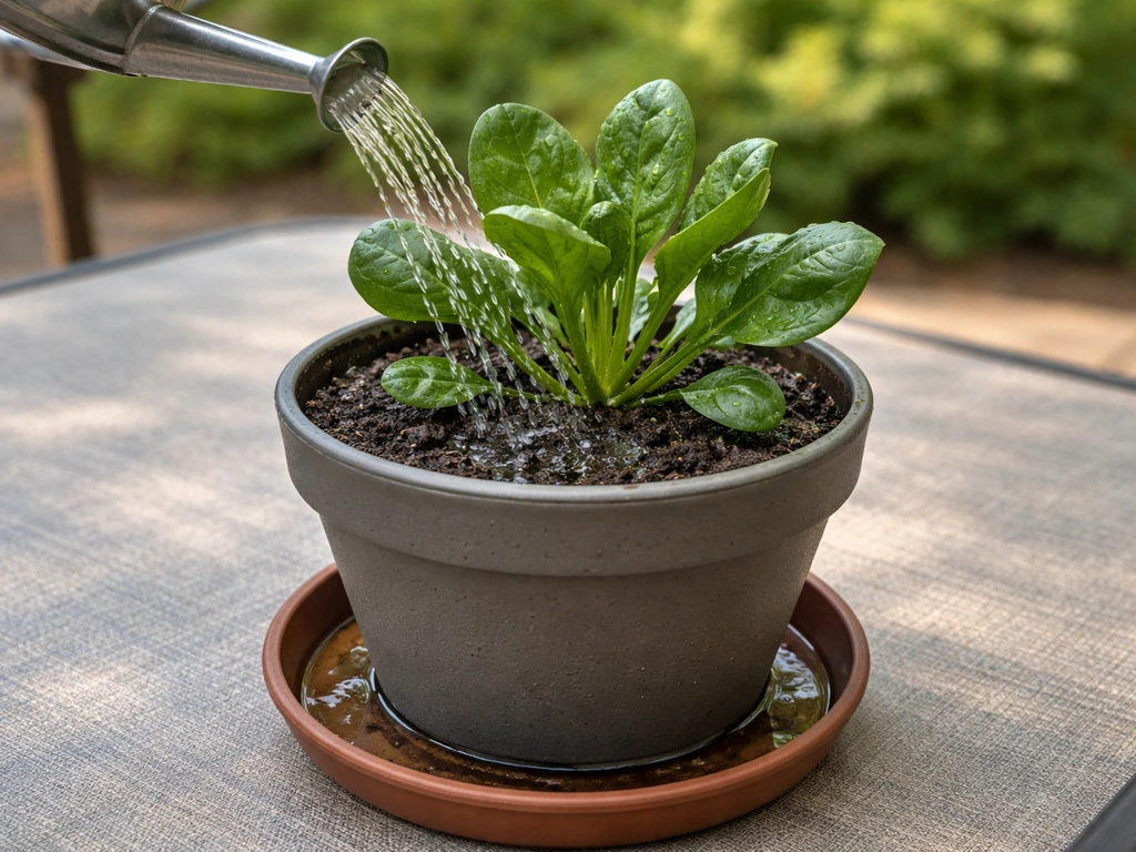 Watering can pouring water onto a container palak plant; runoff is visible in a drainage tray.