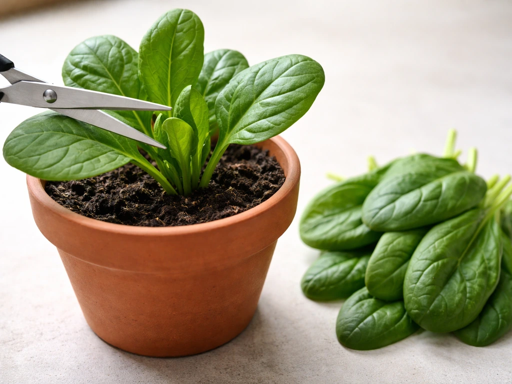Close-up of scissors snipping outer palak leaves from a pot, with regrowth visible on the plant.