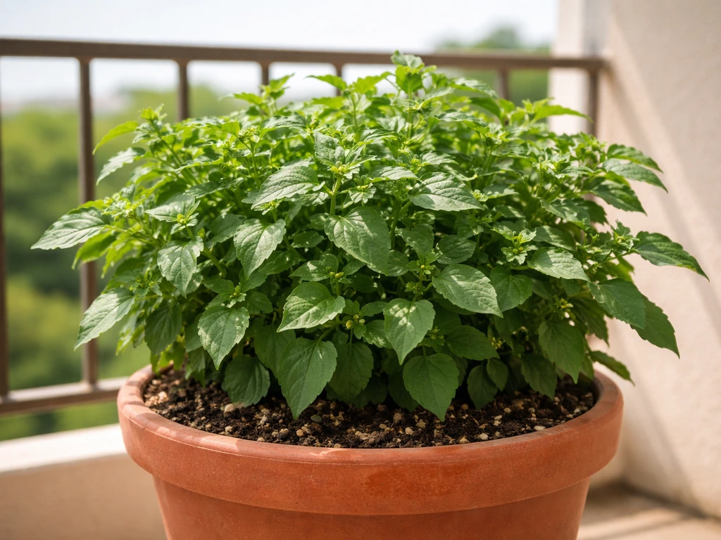 Lush manathakkali keerai thriving in a terracotta pot on a sunny balcony, ready to harvest.