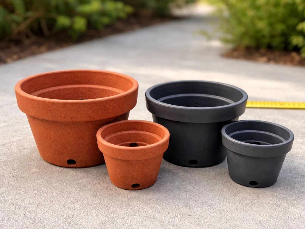 Side-by-side terracotta and plastic pots showing drainage holes and different sizes for planting manathakkali.