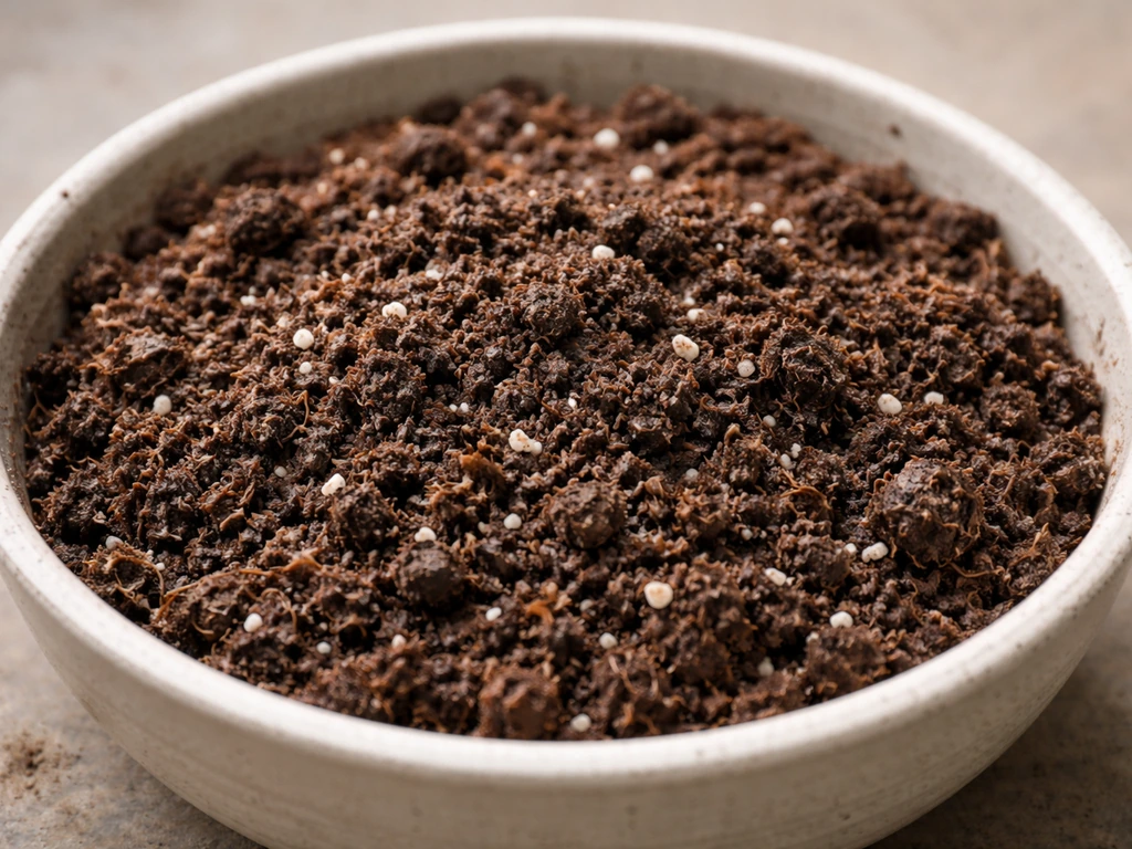 Close-up of manathakkali keerai potting soil mix in a bowl with cocopith, compost, and perlite