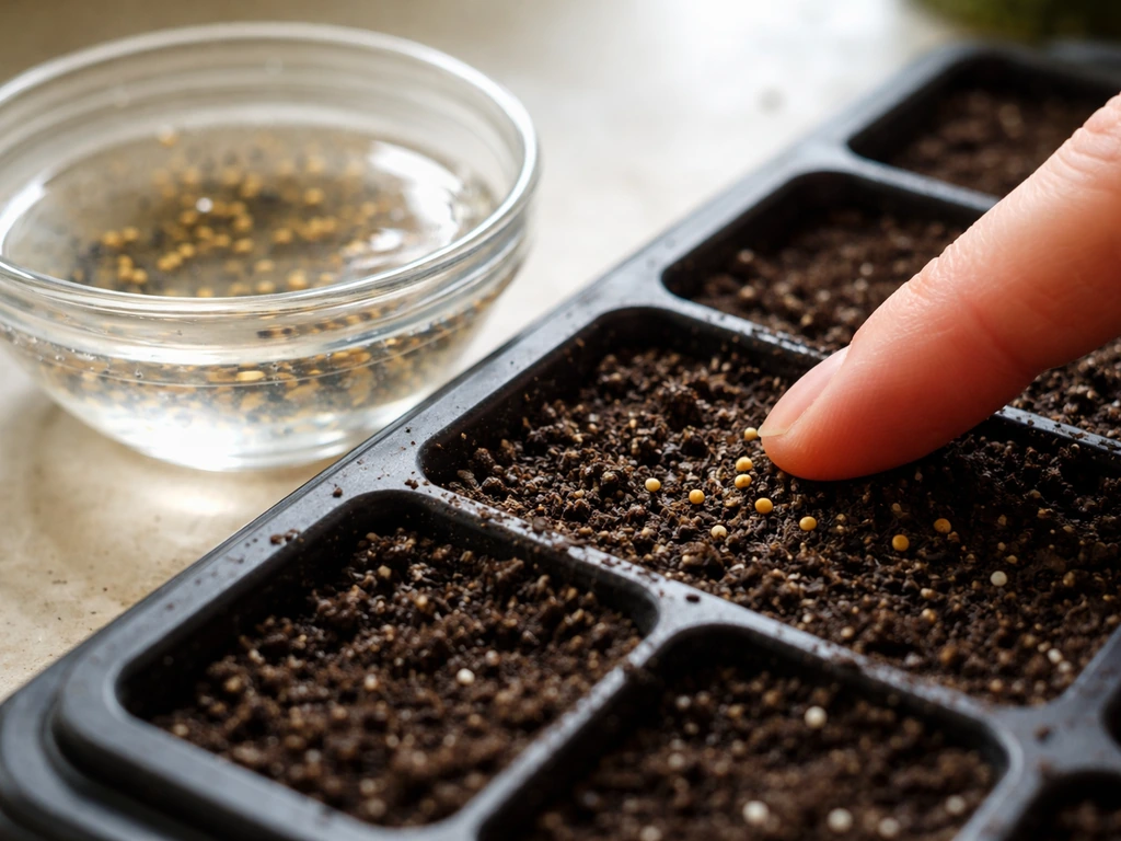 Tiny seeds soaking in warm water beside a potting-filled tray where seeds are gently sown shallowly.