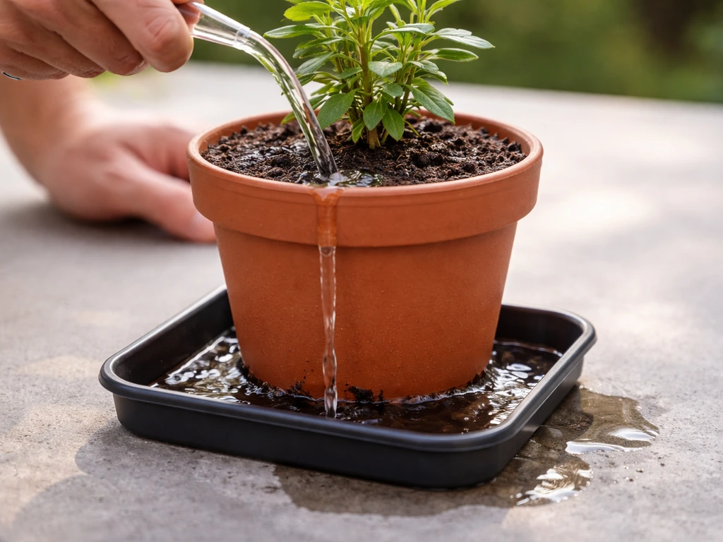 Water poured into a potted plant until runoff drains into a drip tray.