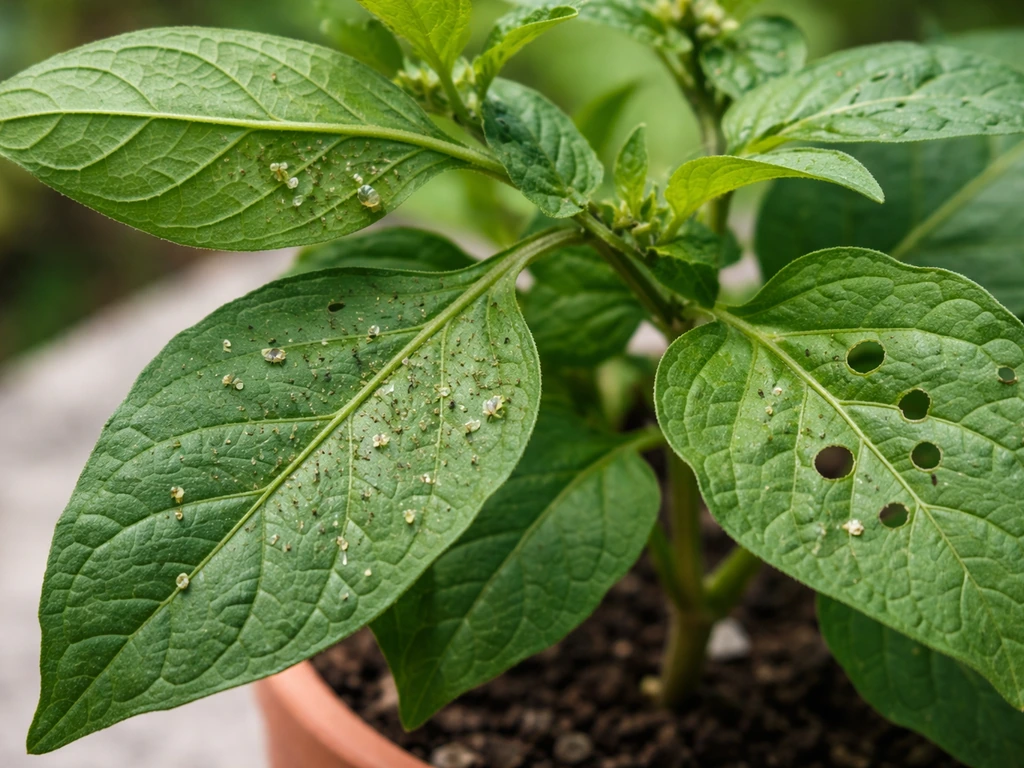 Close-up of manathakkali leaves with small sap-sucking insects and slight leaf damage on a plant pot