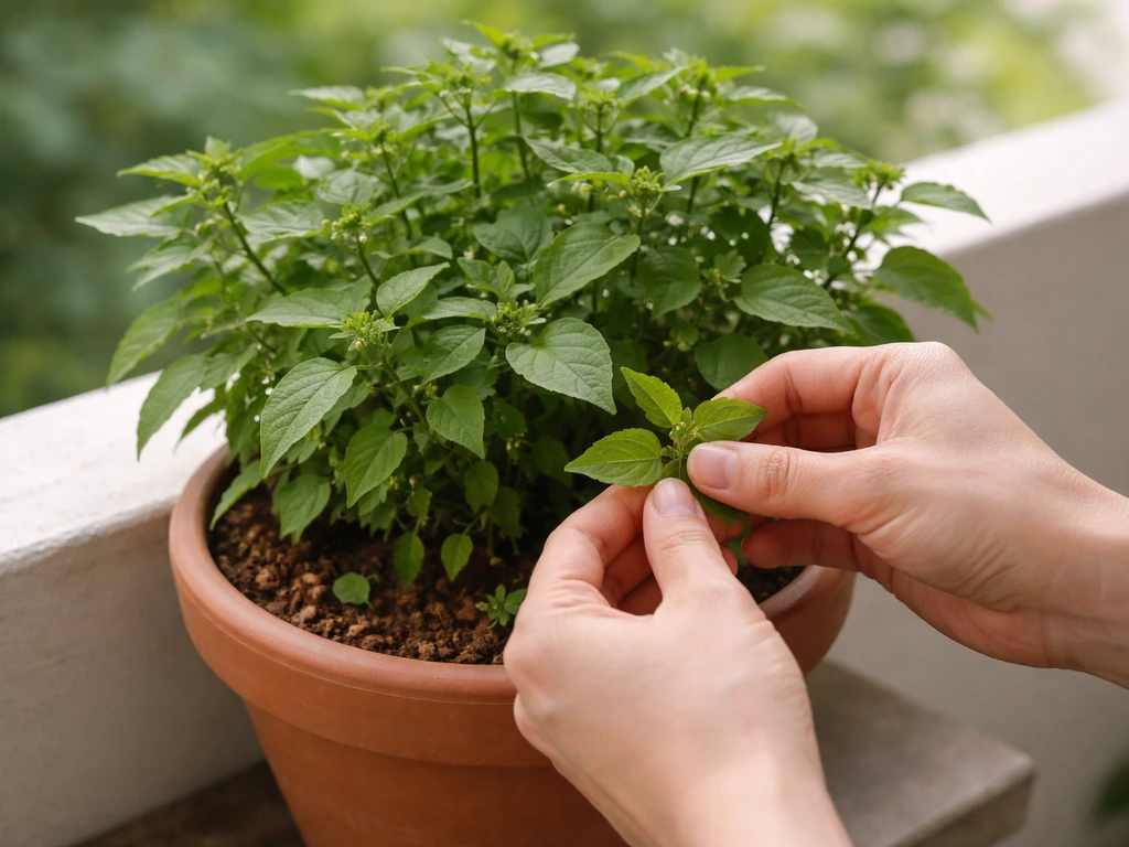 Hands harvesting fresh manathakkali keerai leaves from a potted plant, then pruning for regrowth