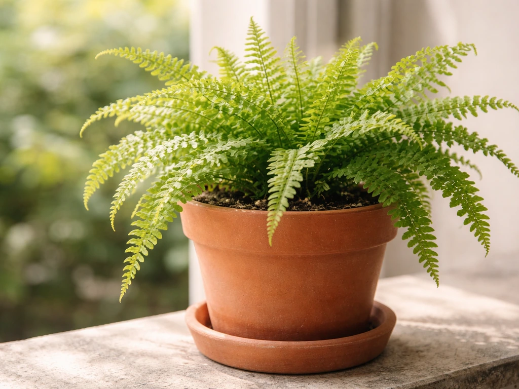 Healthy potted fern with lush fronds spilling over a clay pot on a patio ledge in natural light.