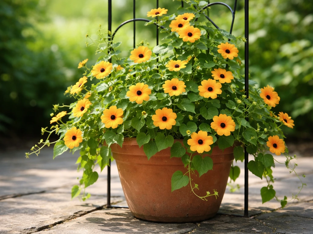 Vivid black-eyed Susan vine in a pot overflowing with blooms and winding up a trellis