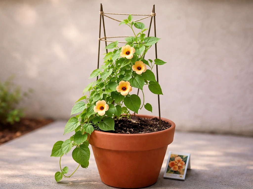 Thunbergia alata vine in a terracotta pot trained up a small trellis, with minimal seed packet beside it.