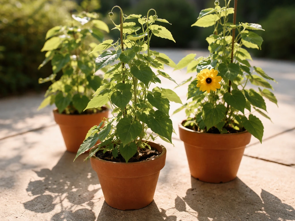 Sunlit potted Thunbergia on a patio, showing direct light on leaves and a small bloom.