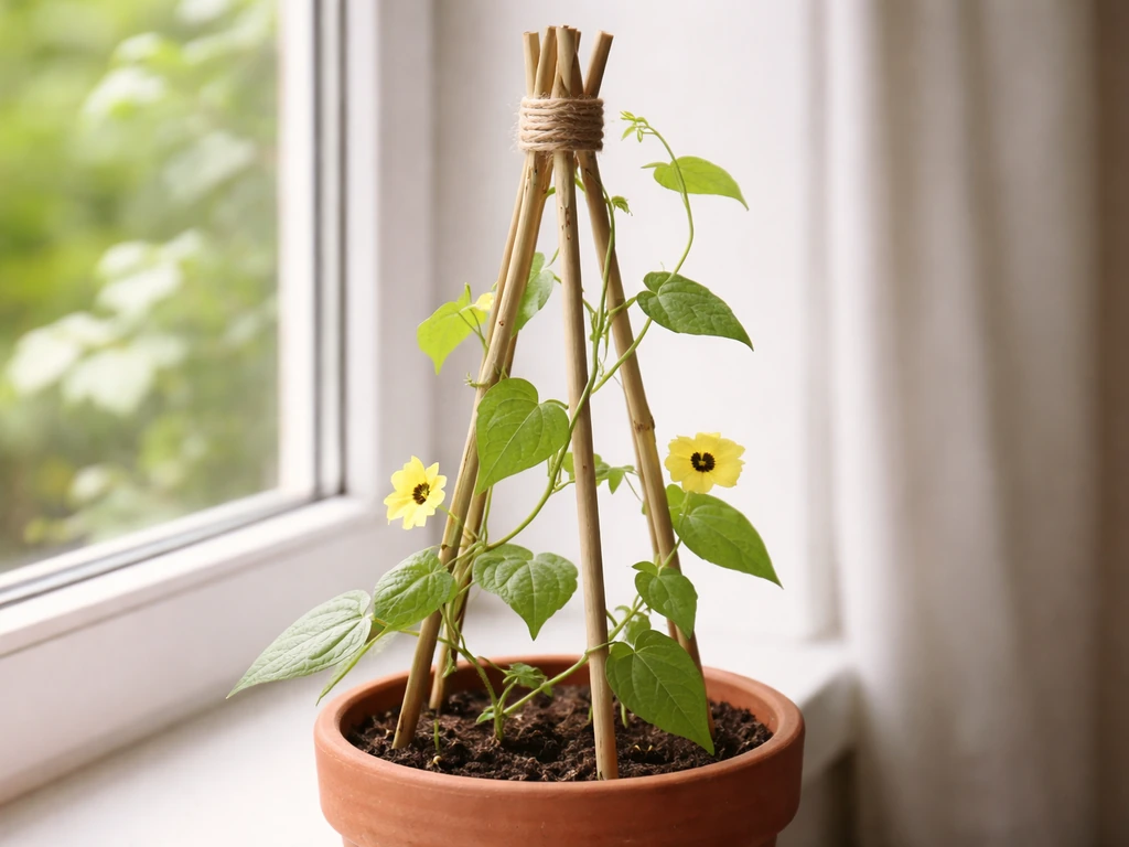 Bamboo canes tied together in a pot with young Thunbergia stems guided to grip the support.