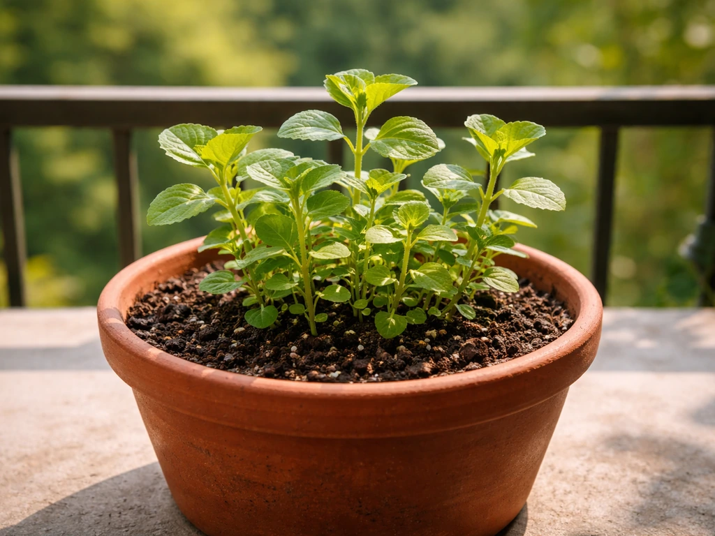Single pot of thriving ajwain (carom) with fresh green foliage on a sunny balcony