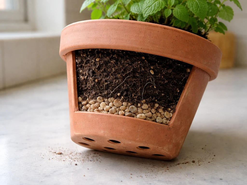 Close-up of a deep ajwain container with drainage holes and a gravel-and-soil drainage layer