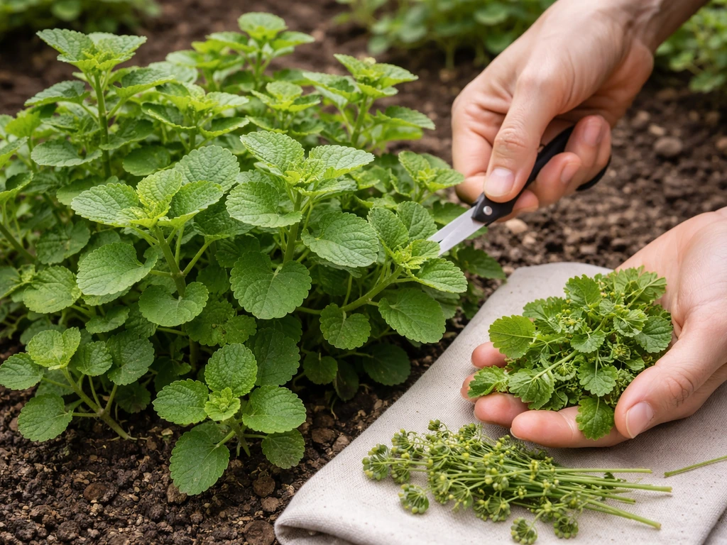 Hands snip ajwain leaf tips while small fresh leaf sprigs and seedheads are gathered nearby.