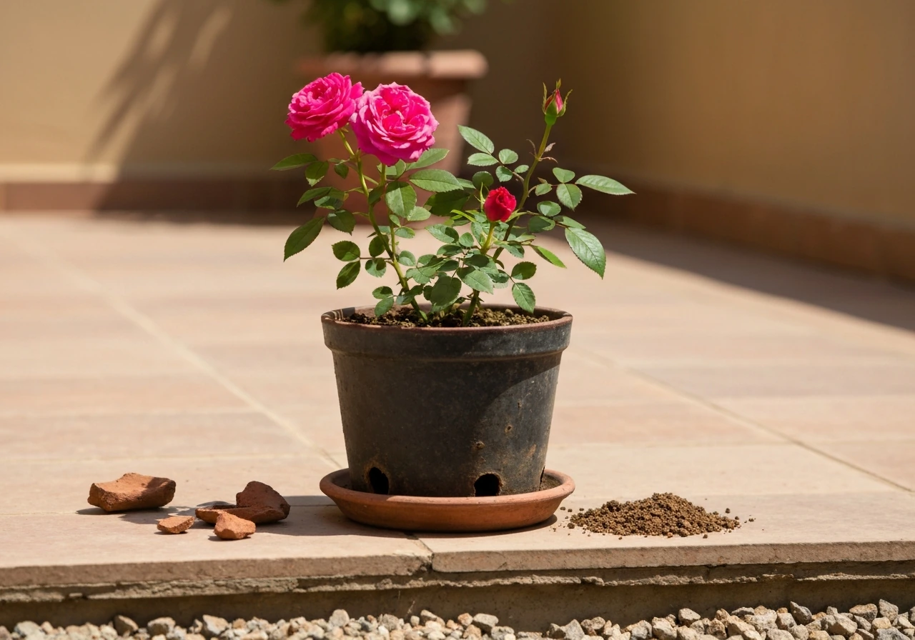 Sunlit potted rose on an Indian terrace with visible drainage context and lush leaves, bloom in focus.