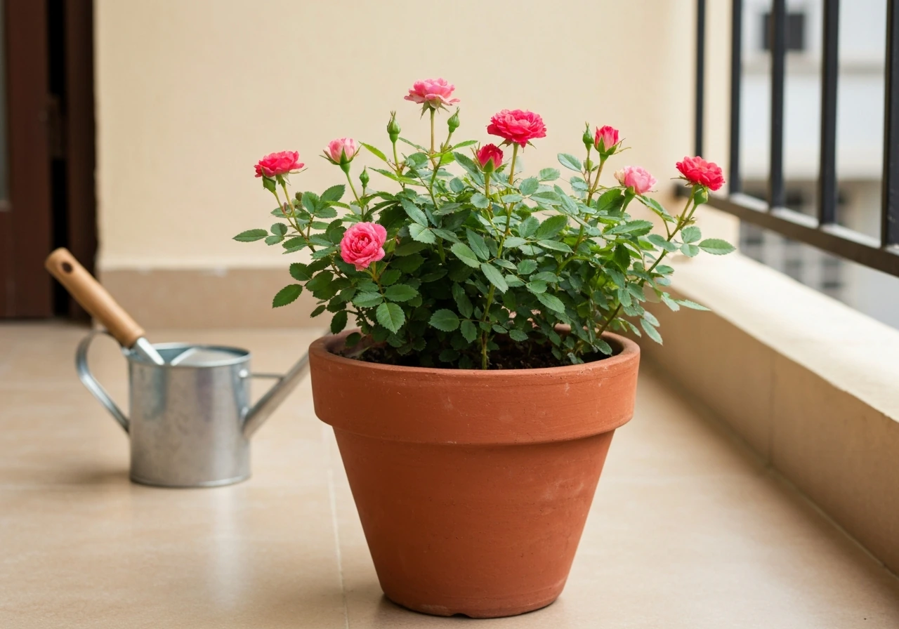 Compact mini roses blooming in a terracotta pot on an Indian balcony in natural light.