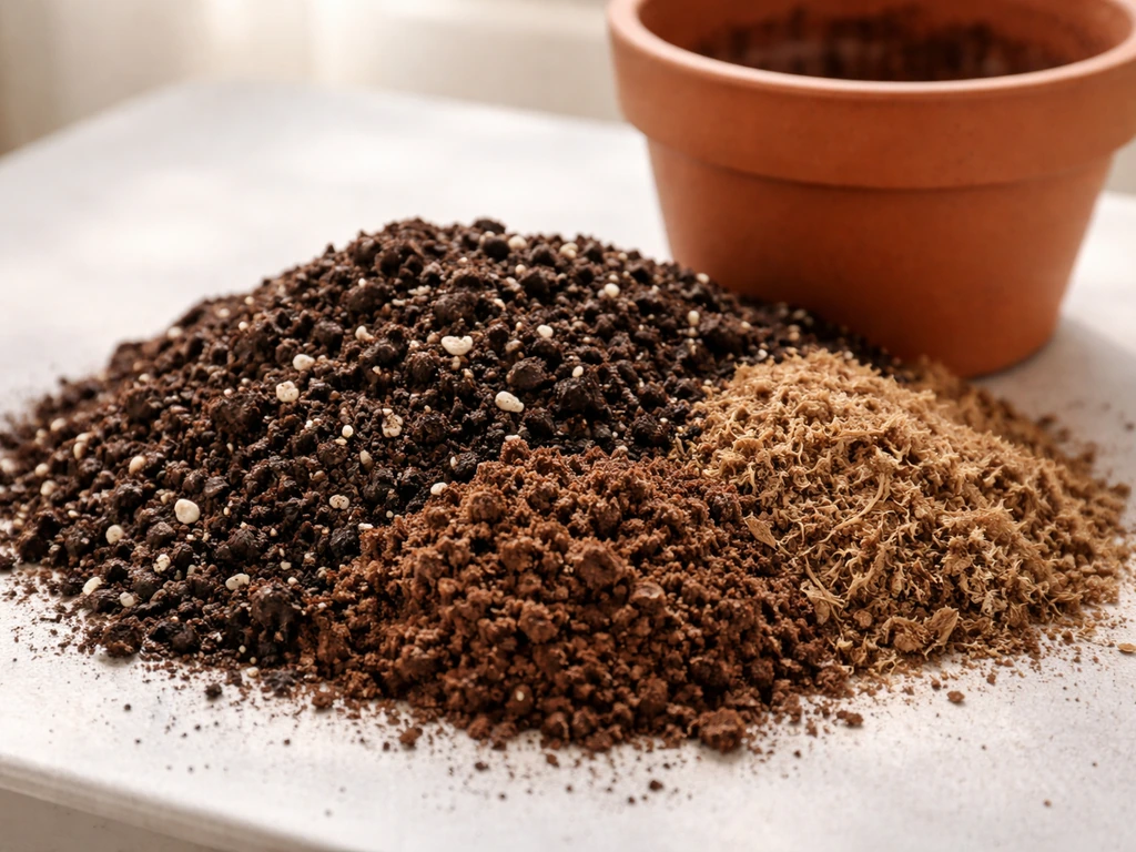 Close-up of a terracotta pot and textured container potting mix with perlite-like flecks ready to fill