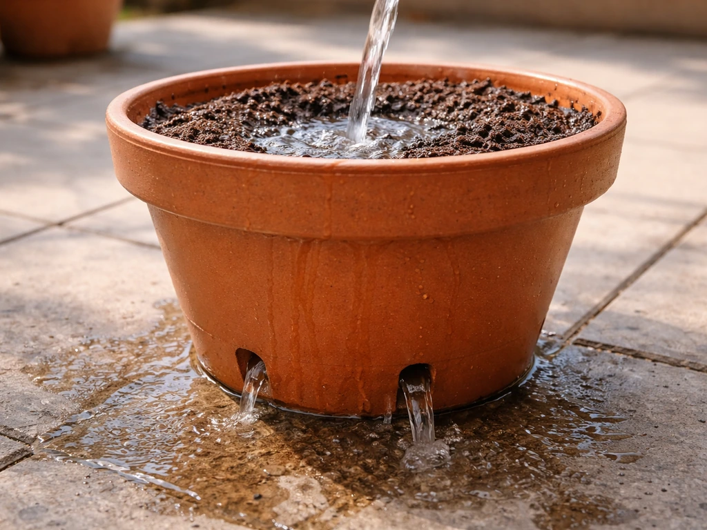 Water stream saturating a potted rose plant’s soil, with runoff draining from bottom drainage holes.