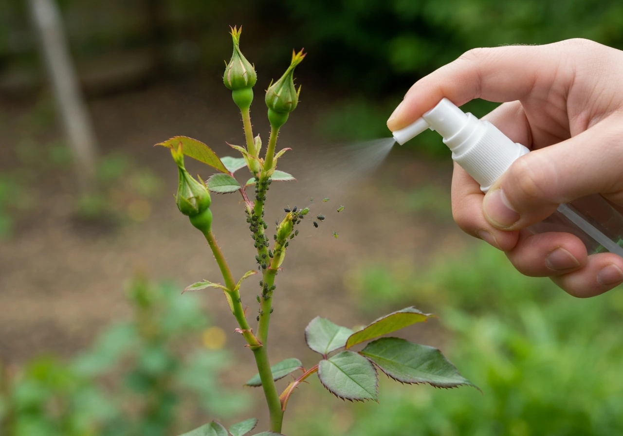 Hand sprays a rose’s new growth, dislodging clustered aphids on the stems.